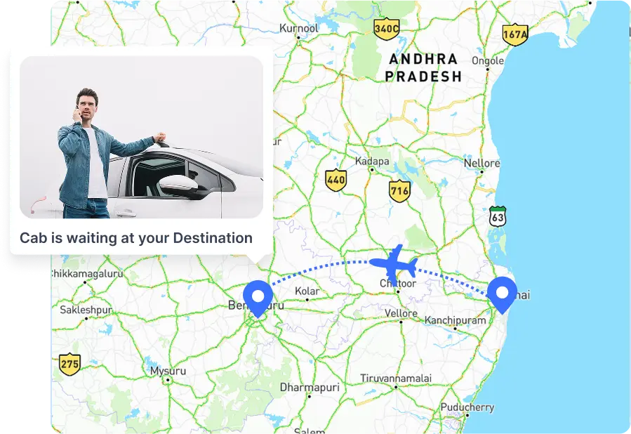 Man standing beside cab at destination with map showing airport transfer route.