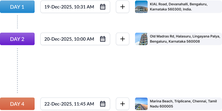 Multi-day trip planner showing day-wise cab bookings with stops at Bangalore Airport, Murugan Temple, 5-star hotel, and Marina Beach.